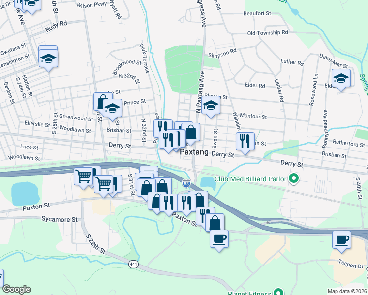 map of restaurants, bars, coffee shops, grocery stores, and more near 3415 Brisban Street in Harrisburg