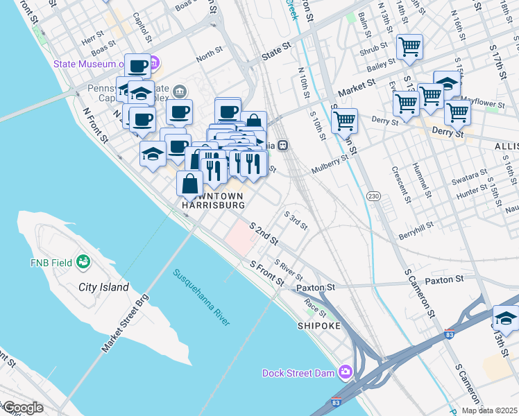 map of restaurants, bars, coffee shops, grocery stores, and more near 260 Chestnut Street in Harrisburg