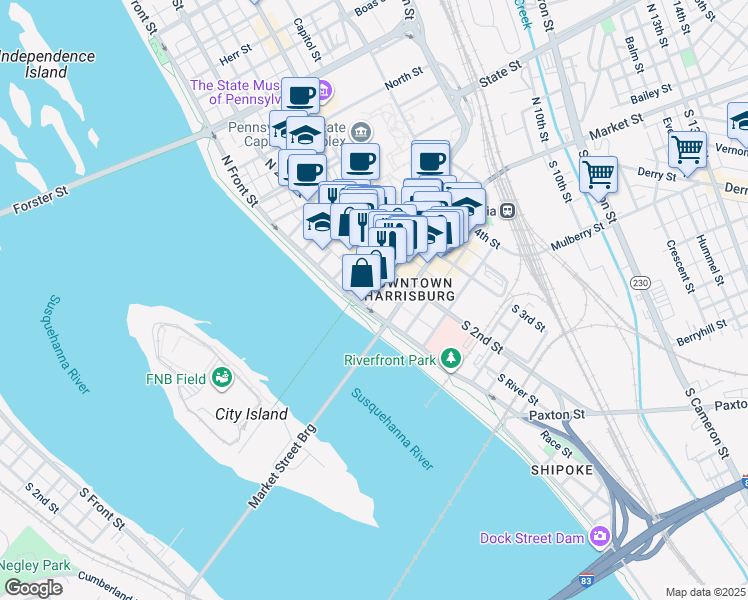 map of restaurants, bars, coffee shops, grocery stores, and more near 114 Walnut Street in Harrisburg