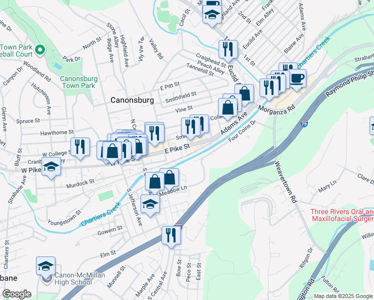 map of restaurants, bars, coffee shops, grocery stores, and more near 151 East Pike Street in Canonsburg
