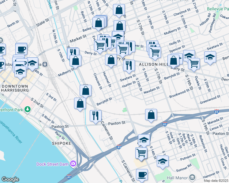 map of restaurants, bars, coffee shops, grocery stores, and more near 427 Hummel Street in Harrisburg