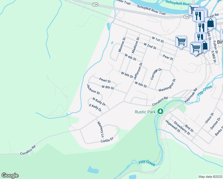 map of restaurants, bars, coffee shops, grocery stores, and more near 702 Pearl Street in Birdsboro