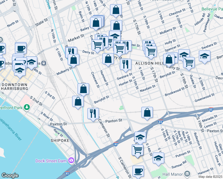 map of restaurants, bars, coffee shops, grocery stores, and more near 427 Hummel Street in Harrisburg