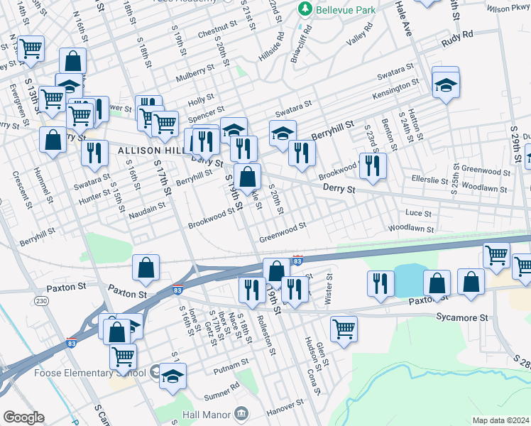 map of restaurants, bars, coffee shops, grocery stores, and more near 631 Dunkle Street in Harrisburg