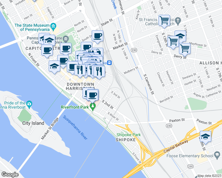 map of restaurants, bars, coffee shops, grocery stores, and more near 311 Mulberry Street in Harrisburg