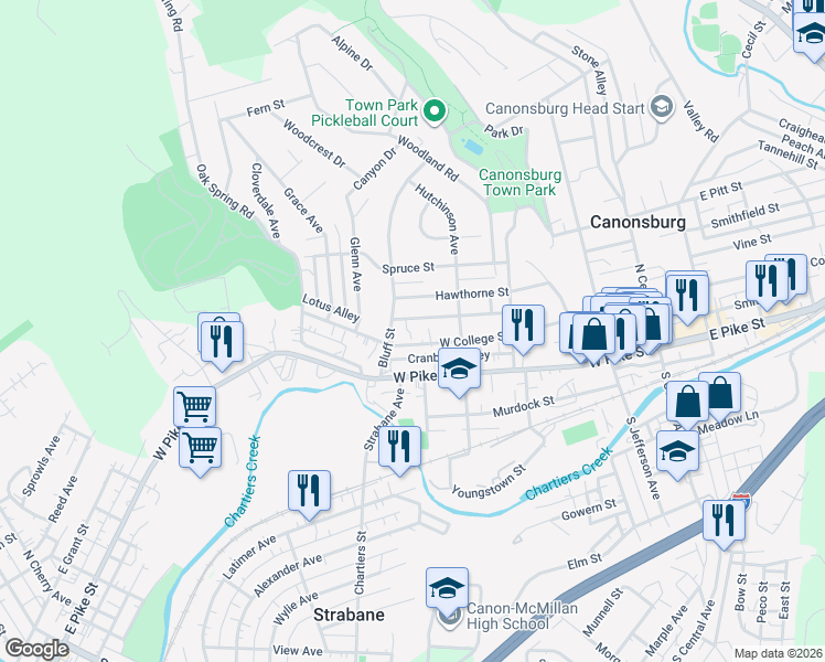 map of restaurants, bars, coffee shops, grocery stores, and more near 331 Strawberry Alley in Canonsburg