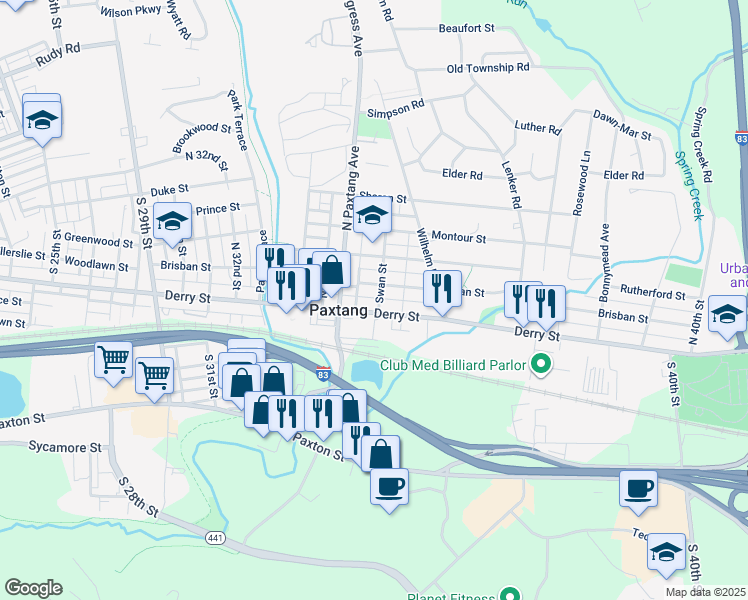 map of restaurants, bars, coffee shops, grocery stores, and more near 10 Swan Street in Paxtang