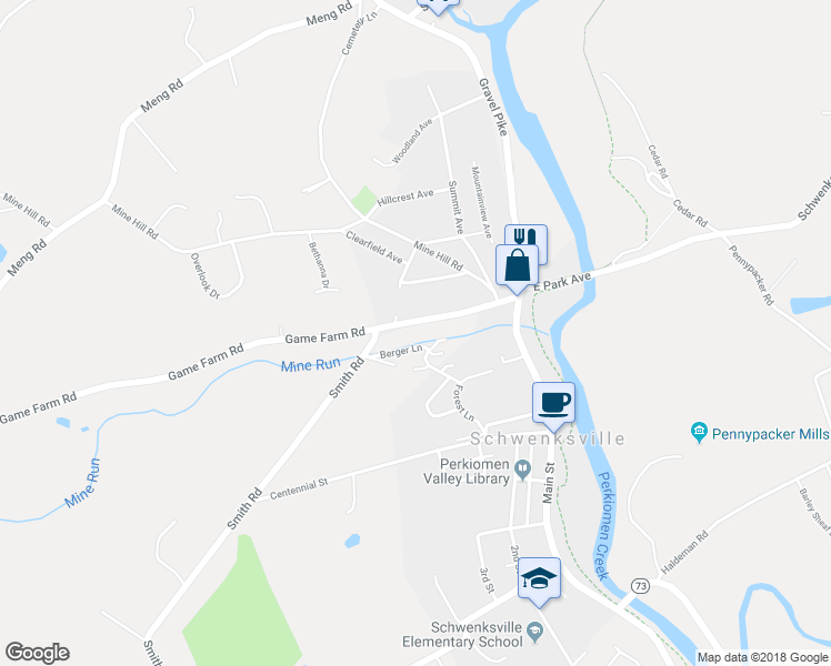 map of restaurants, bars, coffee shops, grocery stores, and more near 47 Game Farm Road in Schwenksville