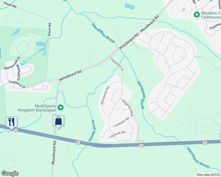 map of restaurants, bars, coffee shops, grocery stores, and more near 56 Whirlaway Road in Manalapan Township