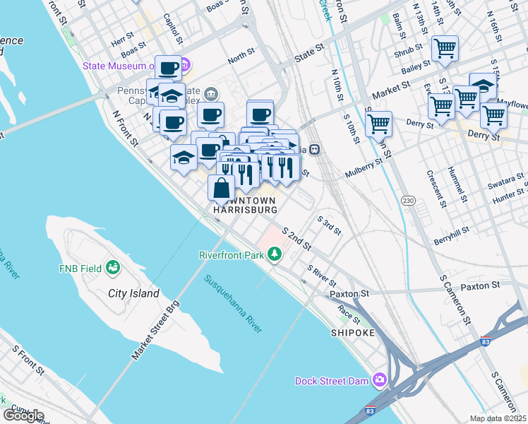 map of restaurants, bars, coffee shops, grocery stores, and more near 213 Market Street in Harrisburg