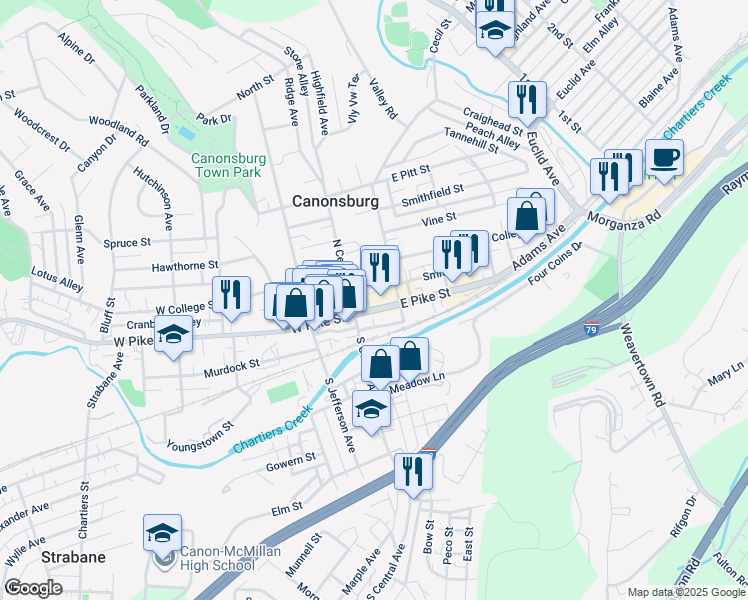 map of restaurants, bars, coffee shops, grocery stores, and more near 129 Greenside Avenue in Canonsburg