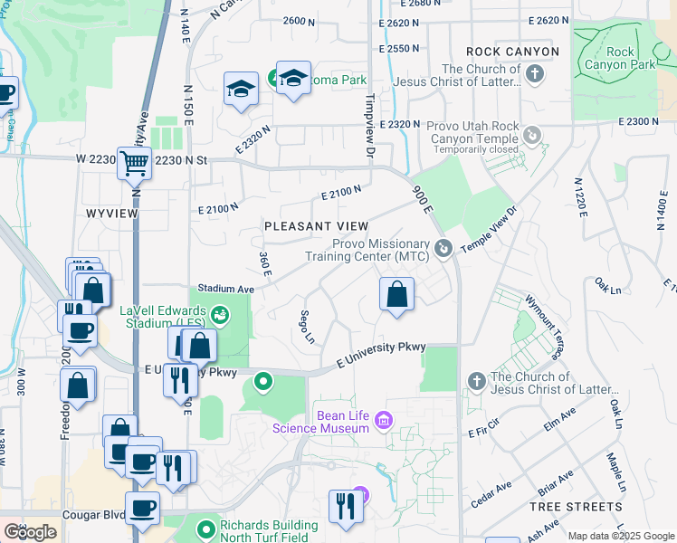 map of restaurants, bars, coffee shops, grocery stores, and more near 530 Stadium Avenue in Provo