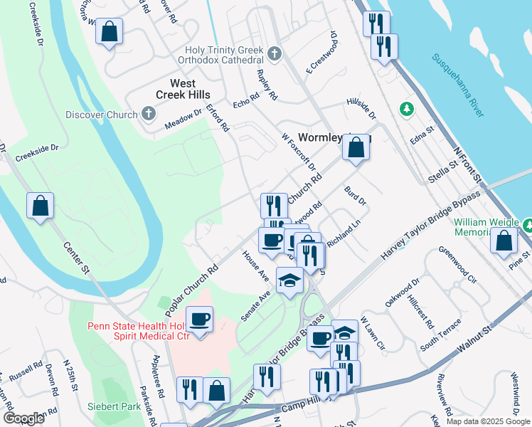 map of restaurants, bars, coffee shops, grocery stores, and more near 651 Poplar Church Road in Camp Hill