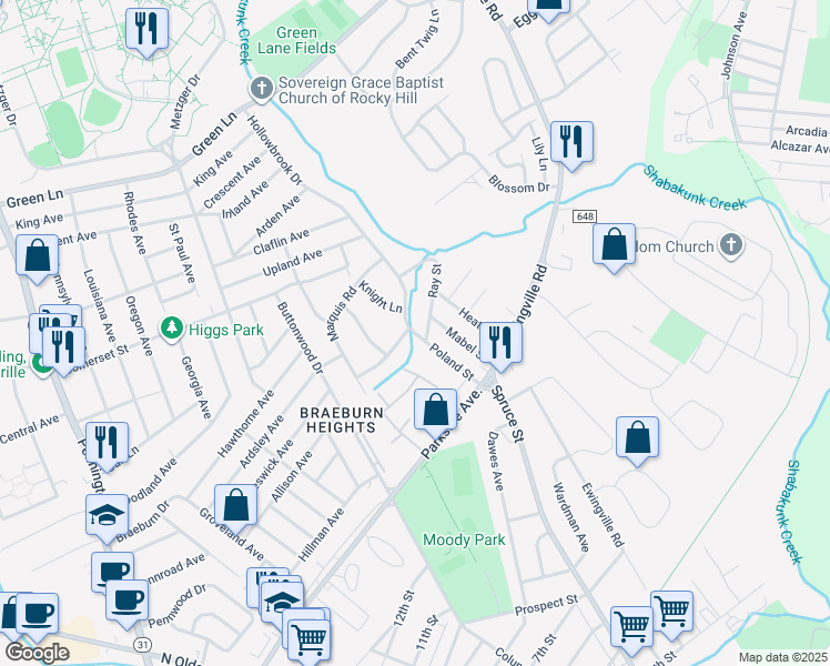 map of restaurants, bars, coffee shops, grocery stores, and more near 84 Poland Street in Ewing Township