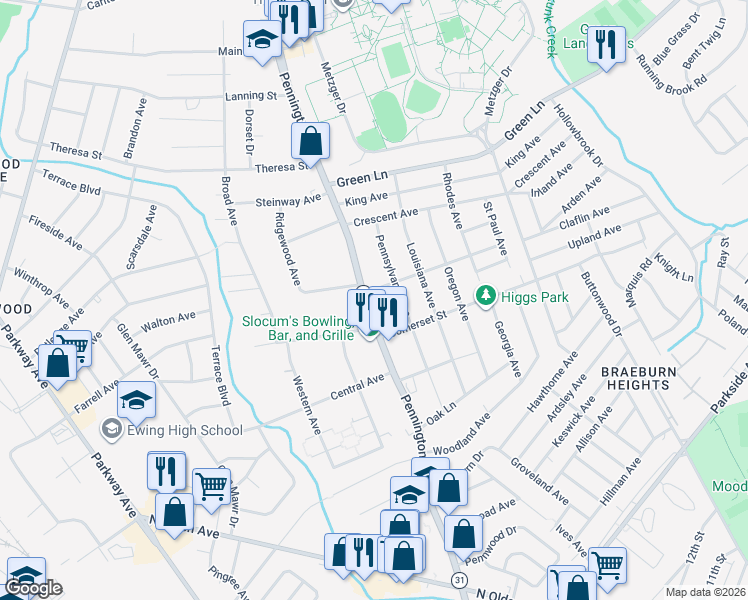 map of restaurants, bars, coffee shops, grocery stores, and more near 1800 Pennington Road in Ewing Township