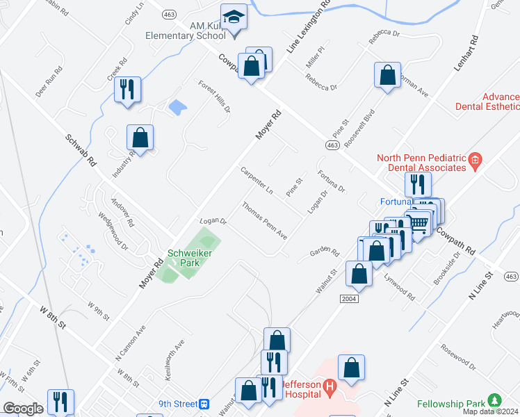 map of restaurants, bars, coffee shops, grocery stores, and more near 117 Thomas Penn Avenue in Hatfield