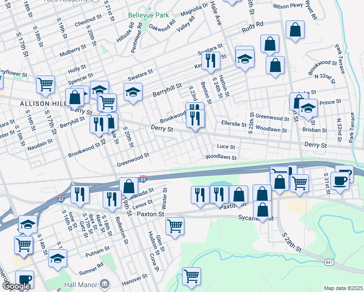 map of restaurants, bars, coffee shops, grocery stores, and more near 2217 Derry Street in Harrisburg