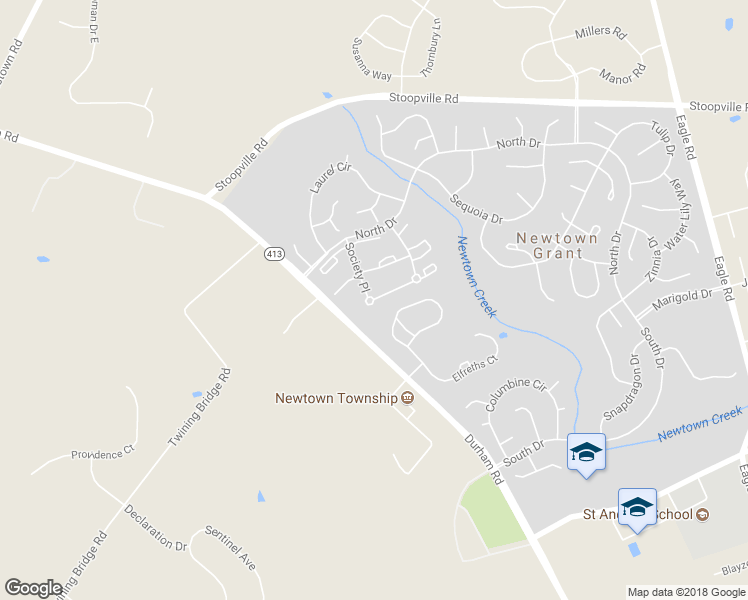 map of restaurants, bars, coffee shops, grocery stores, and more near 1878 Society Place in Newtown