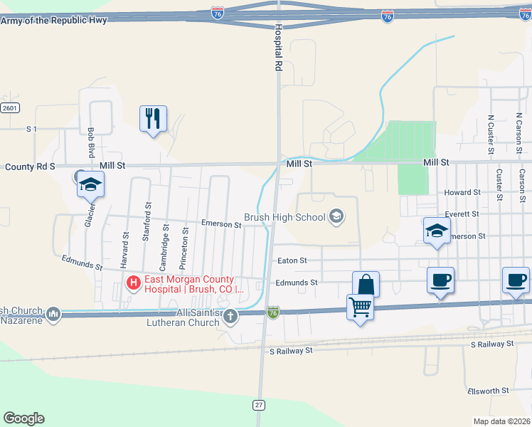 map of restaurants, bars, coffee shops, grocery stores, and more near 619 Hospital Road in Brush