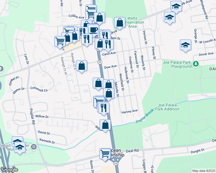 map of restaurants, bars, coffee shops, grocery stores, and more near 721 Auth Avenue in Ocean Township