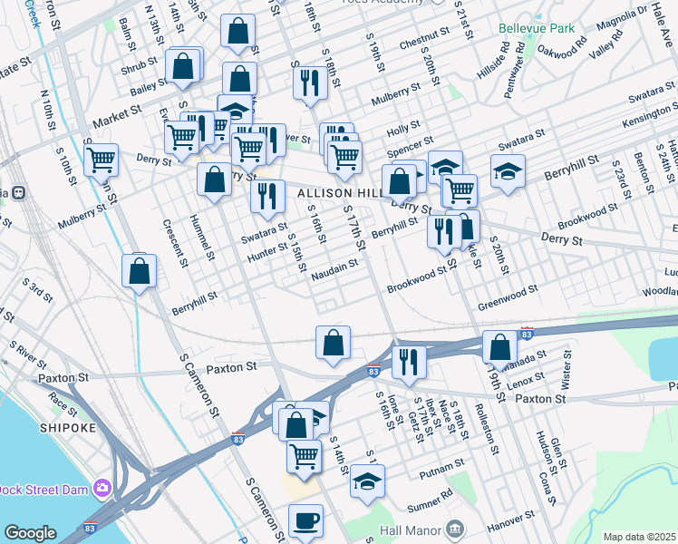 map of restaurants, bars, coffee shops, grocery stores, and more near 525 South 16th Street in Harrisburg