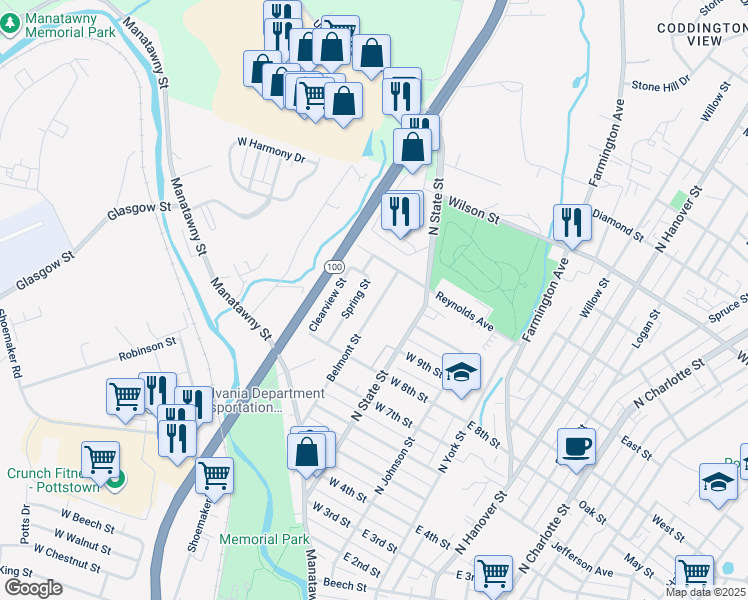 map of restaurants, bars, coffee shops, grocery stores, and more near 551 Belmont Street in Pottstown