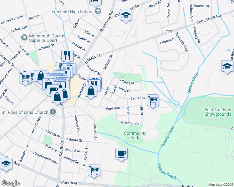 map of restaurants, bars, coffee shops, grocery stores, and more near 85 Center Street in Freehold