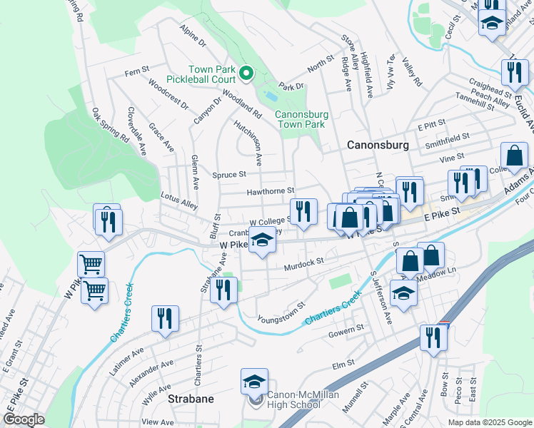 map of restaurants, bars, coffee shops, grocery stores, and more near 290 West College Street in Canonsburg