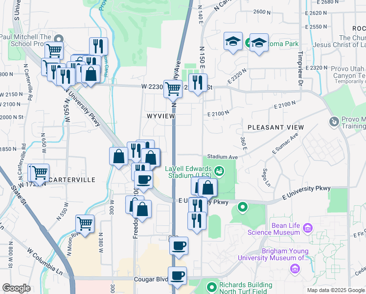 map of restaurants, bars, coffee shops, grocery stores, and more near 1946 West 1940 North in Provo