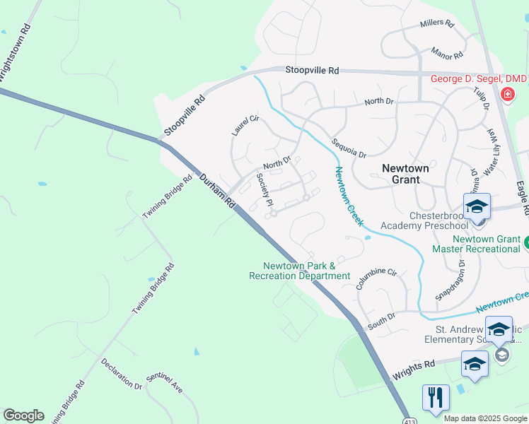map of restaurants, bars, coffee shops, grocery stores, and more near 1809 Society Place in Newtown
