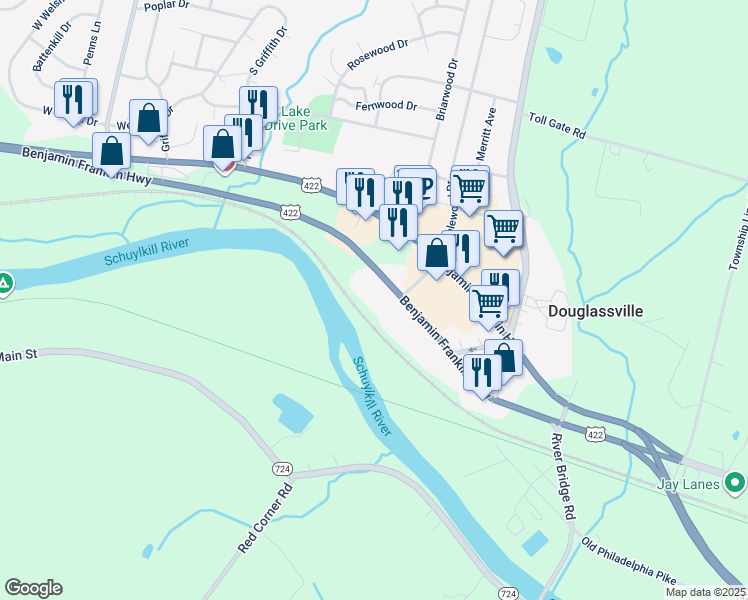 map of restaurants, bars, coffee shops, grocery stores, and more near 520 Benjamin Franklin Highway in Douglassville