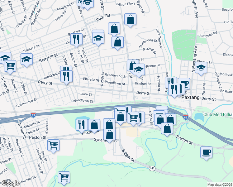 map of restaurants, bars, coffee shops, grocery stores, and more near 2614 Derry Street in Harrisburg