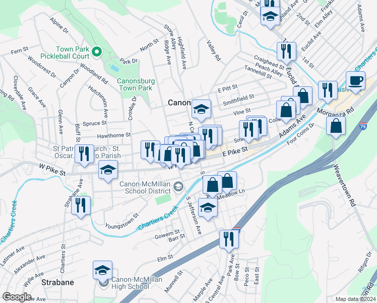 map of restaurants, bars, coffee shops, grocery stores, and more near in Canonsburg