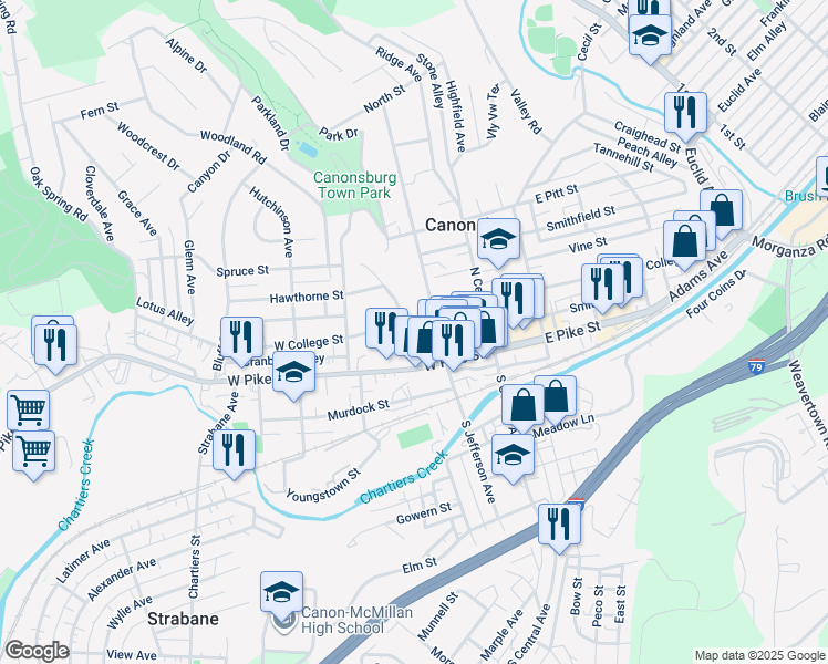 map of restaurants, bars, coffee shops, grocery stores, and more near 120 West College Street in Canonsburg