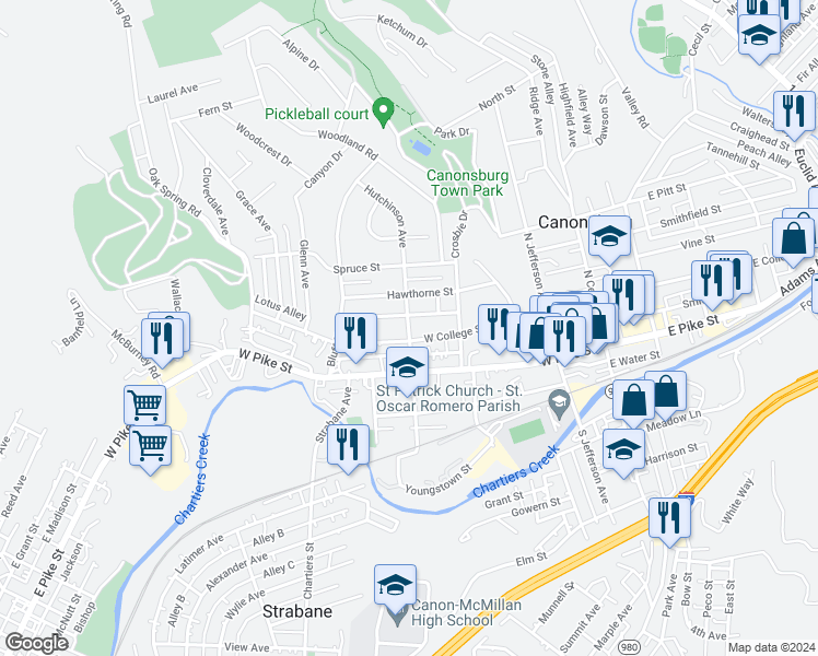 map of restaurants, bars, coffee shops, grocery stores, and more near 225 Hutchinson Avenue in Canonsburg
