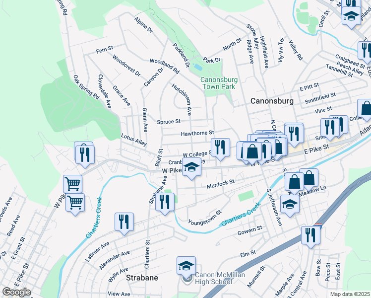 map of restaurants, bars, coffee shops, grocery stores, and more near 225 Hutchinson Avenue in Canonsburg