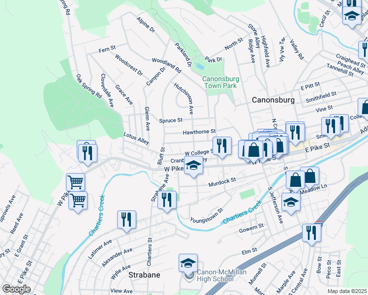 map of restaurants, bars, coffee shops, grocery stores, and more near 225 Hutchinson Avenue in Canonsburg