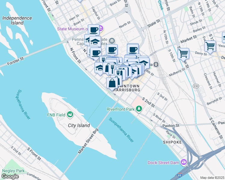 map of restaurants, bars, coffee shops, grocery stores, and more near 114 Walnut Street in Harrisburg