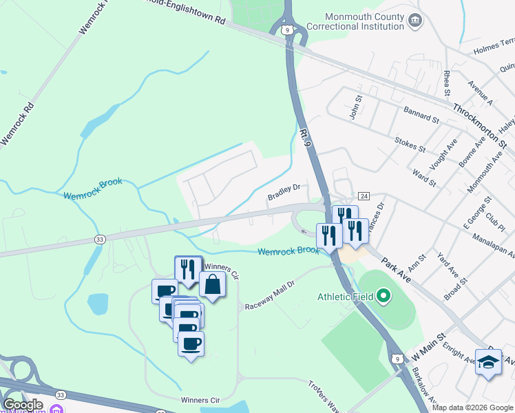 map of restaurants, bars, coffee shops, grocery stores, and more near 33 New Jersey 33 in Freehold