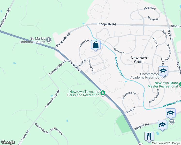 map of restaurants, bars, coffee shops, grocery stores, and more near 1809 Society Place in Newtown