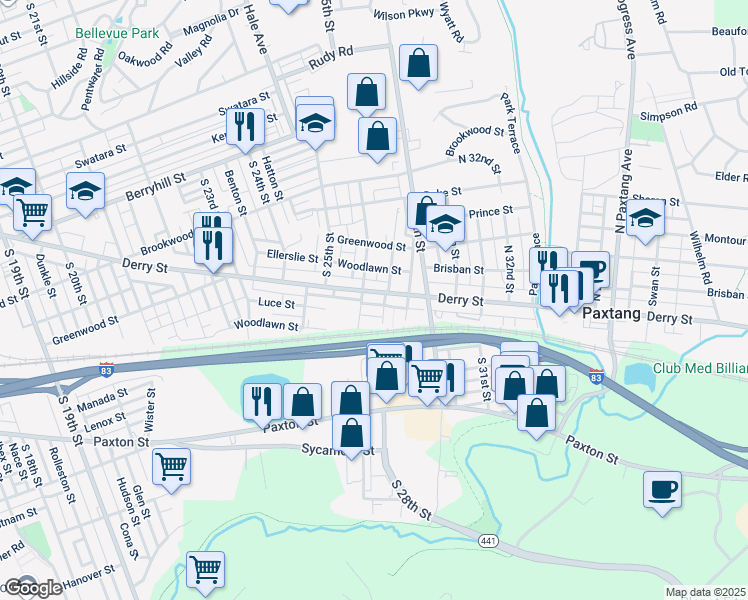 map of restaurants, bars, coffee shops, grocery stores, and more near 2611 Derry Street in Harrisburg