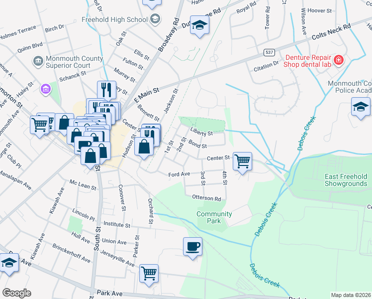 map of restaurants, bars, coffee shops, grocery stores, and more near 10 Bond Street in Freehold