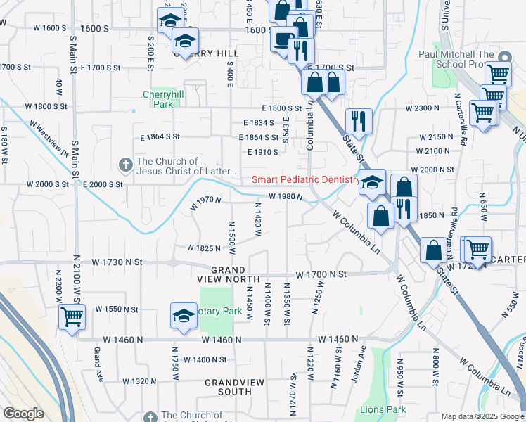 map of restaurants, bars, coffee shops, grocery stores, and more near 1926 North 1420 West in Provo