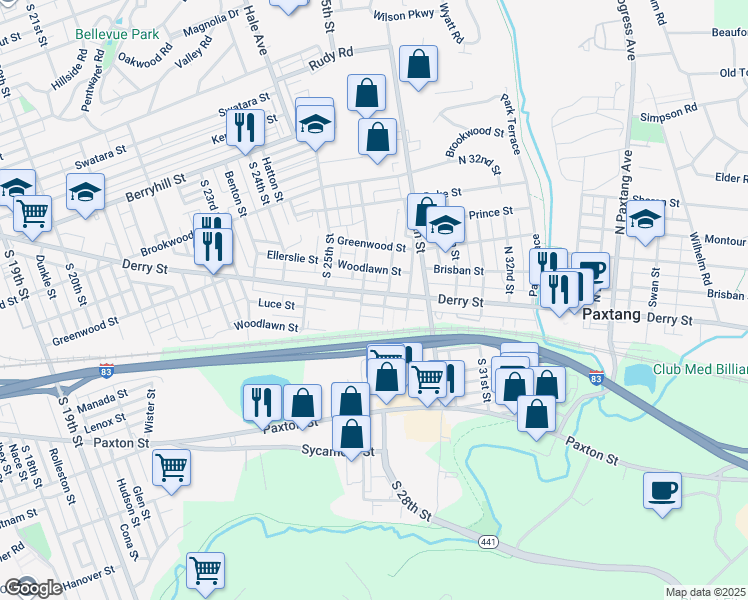 map of restaurants, bars, coffee shops, grocery stores, and more near 2611 Derry Street in Harrisburg
