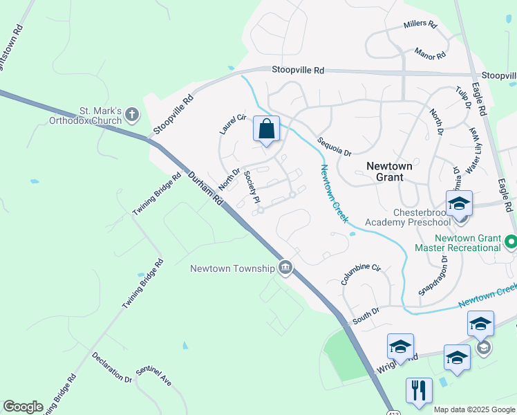 map of restaurants, bars, coffee shops, grocery stores, and more near 796 Society Place in Newtown