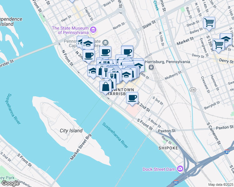map of restaurants, bars, coffee shops, grocery stores, and more near in Harrisburg
