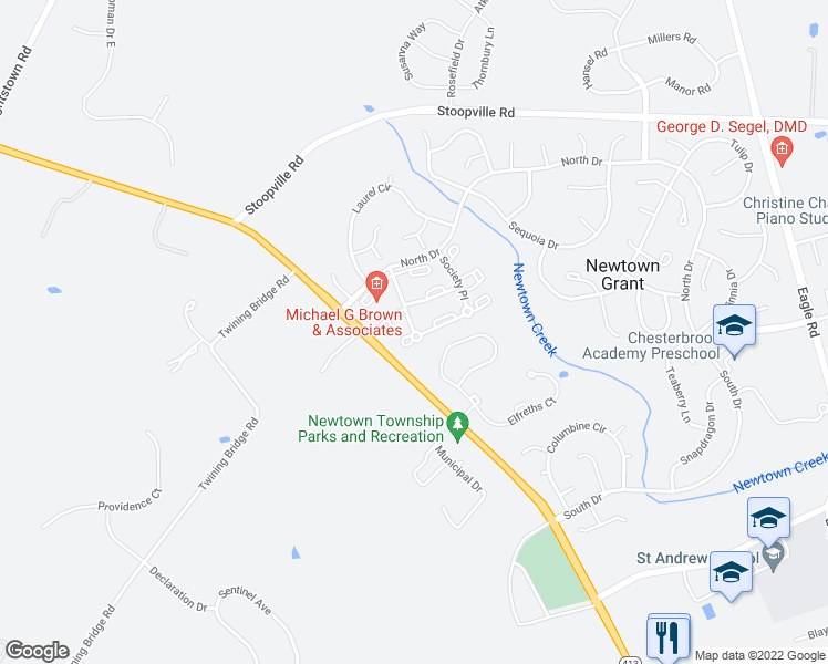 map of restaurants, bars, coffee shops, grocery stores, and more near 1402 Society Place in Newtown