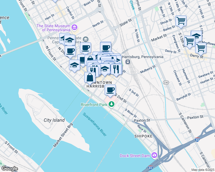 map of restaurants, bars, coffee shops, grocery stores, and more near 17 South 2nd Street in Harrisburg