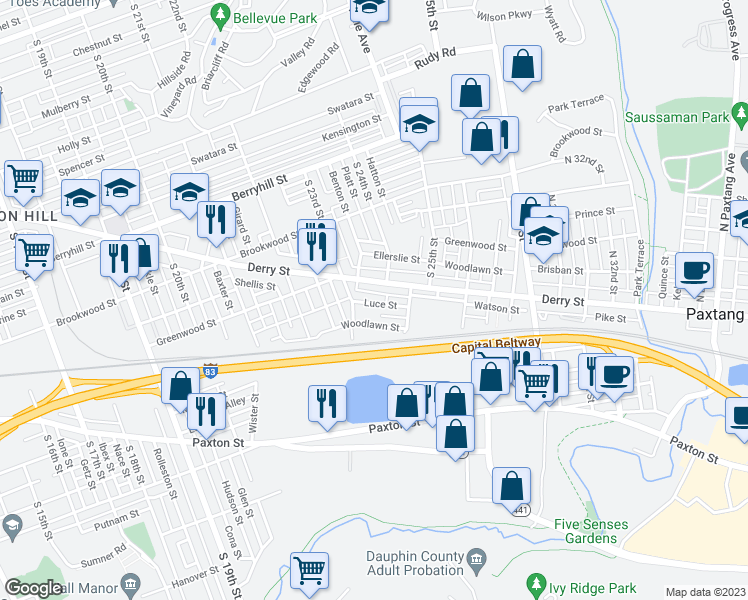 map of restaurants, bars, coffee shops, grocery stores, and more near 2316 Luce Street in Harrisburg