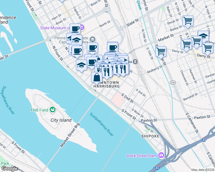 map of restaurants, bars, coffee shops, grocery stores, and more near 2 South 2nd Street in Harrisburg